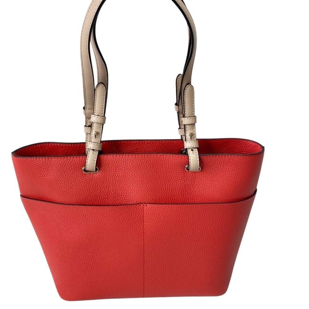 Michael Kors Tote Bedford Pebbled Leather Pocket, Womens Medium Coral-Red - Picture 2 of 9